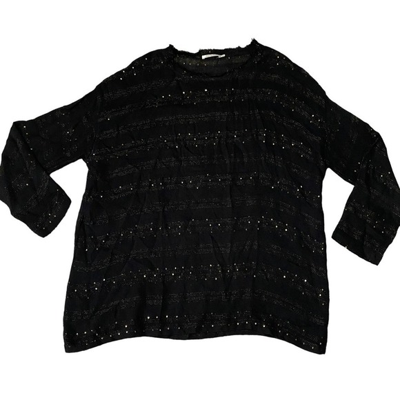 Mes Demoiselles black Sequin Sheer Striped Blouse Top Long Sleeve Crew Neck XL - Picture 2 of 7